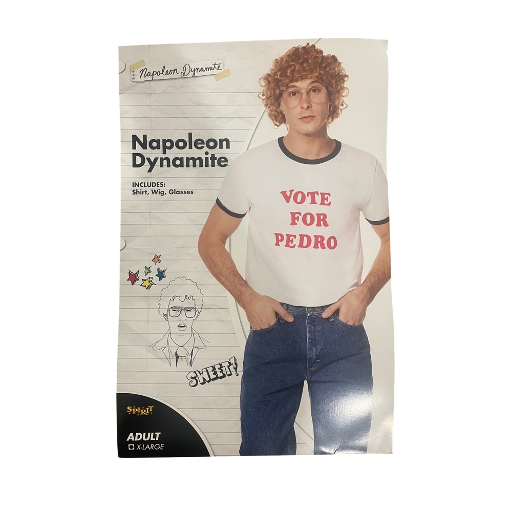 Napoleon Dynamite Vote for Pedro Costume Adult XL Shirt Wig Glasses Halloween